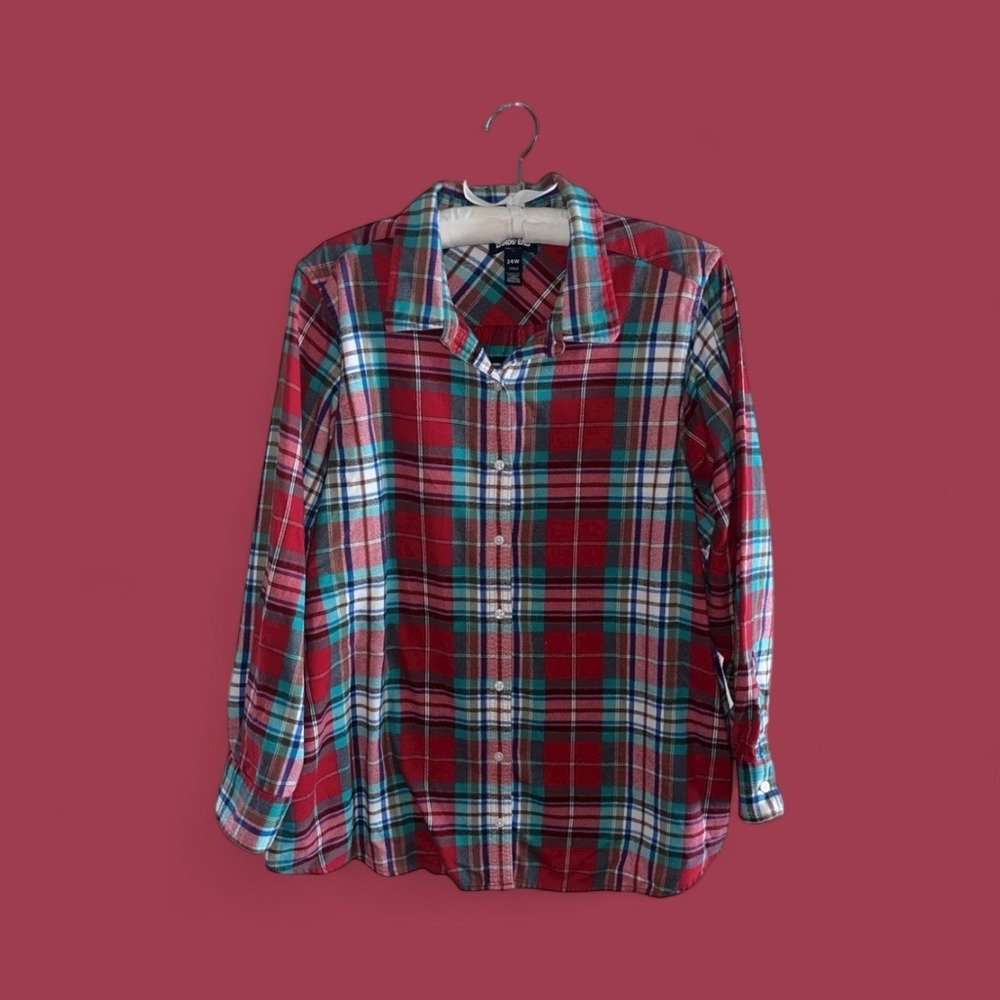 Lands' End Women's Plus Red Teal Green Plaid Flannel Button-Front Shirt Top 24W